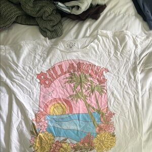 Billabong Women's White Graphic Tee with Pink and Blue Design